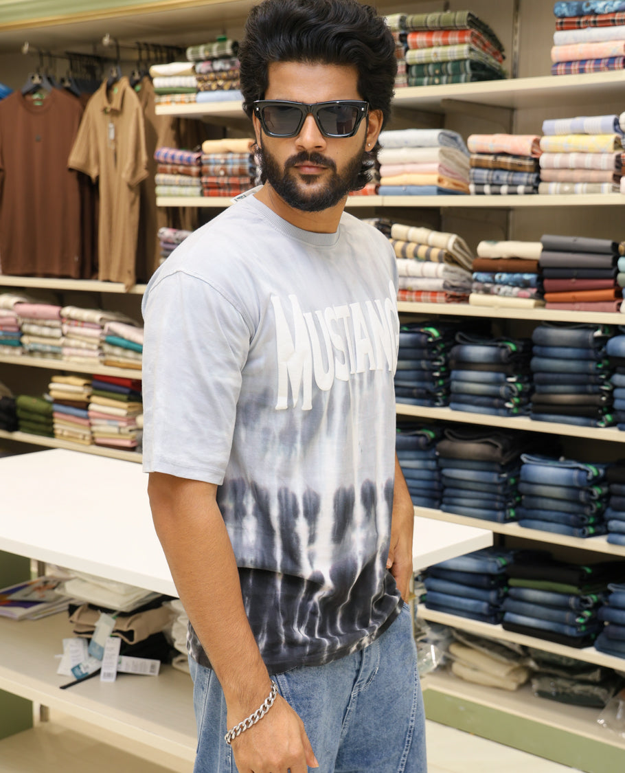 Grey Cotton-Blended T-shirt Features Tie-Dye Ombre Print, Half Sleeves, Round Neck, Slim Fit and Regular Length