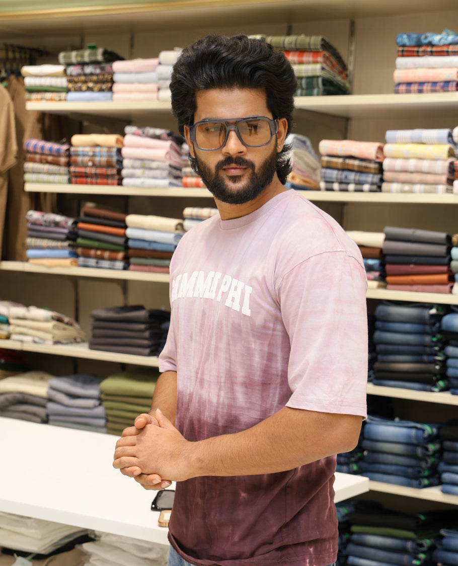 Pink Cotton-Blended T-shirt Features Tie-Dye Ombre Print, Half Sleeves, Round Neck, Slim Fit and Regular Length