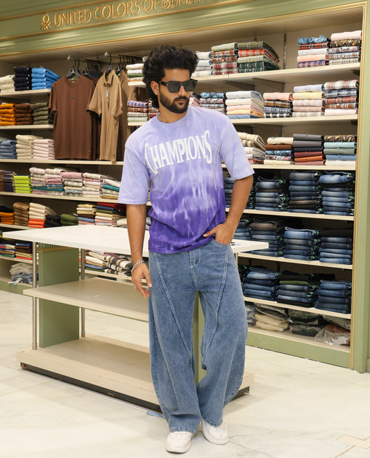 Purple Cotton-Blended T-shirt Features Tie-Dye Ombre Print, Half Sleeves, Round Neck, Slim Fit and Regular Length 