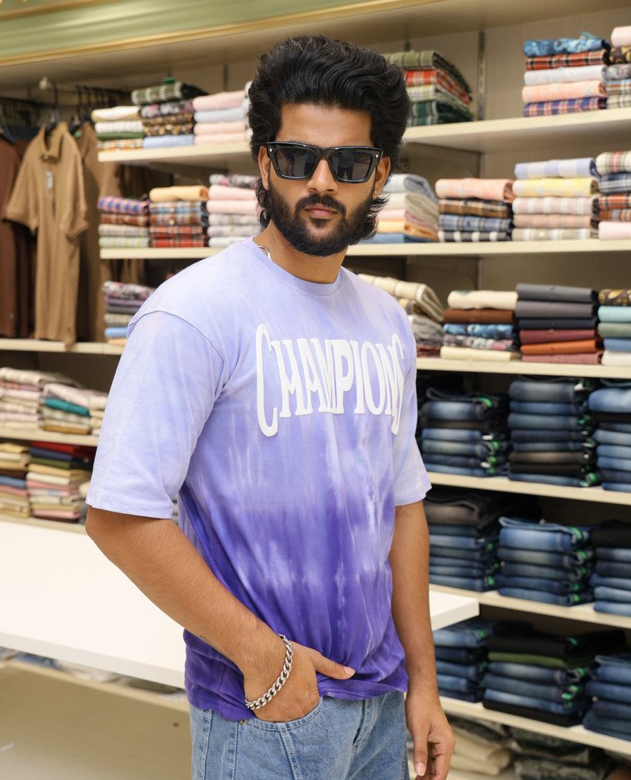 Purple Cotton-Blended T-shirt Features Tie-Dye Ombre Print, Half Sleeves, Round Neck, Slim Fit and Regular Length