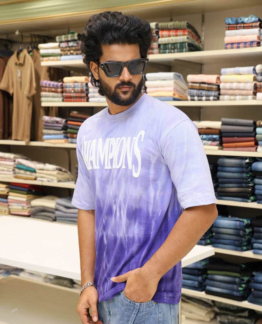 Purple Cotton-Blended T-shirt Features Tie-Dye Ombre Print, Half Sleeves, Round Neck, Slim Fit and Regular Length