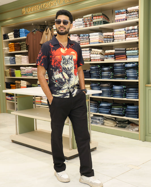 Multi-Color Poly-Blended Casual Shirt Comes with Japnese Human Figurine Print, Half-sleeve, Cuban Collar, Regular Fit and Regular Length