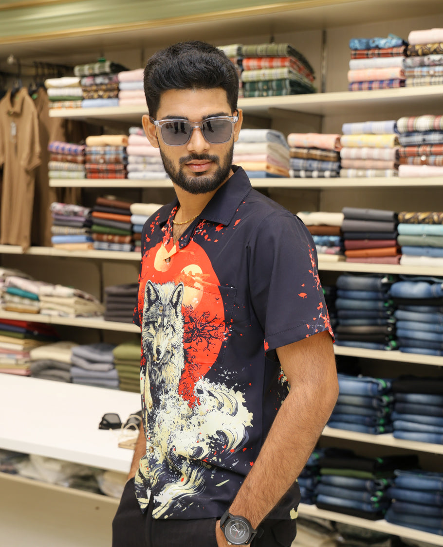 Multi-Color Poly-Blended Casual Shirt Comes with Japnese Human Figurine Print, Half-sleeve, Cuban Collar, Regular Fit and Regular Length