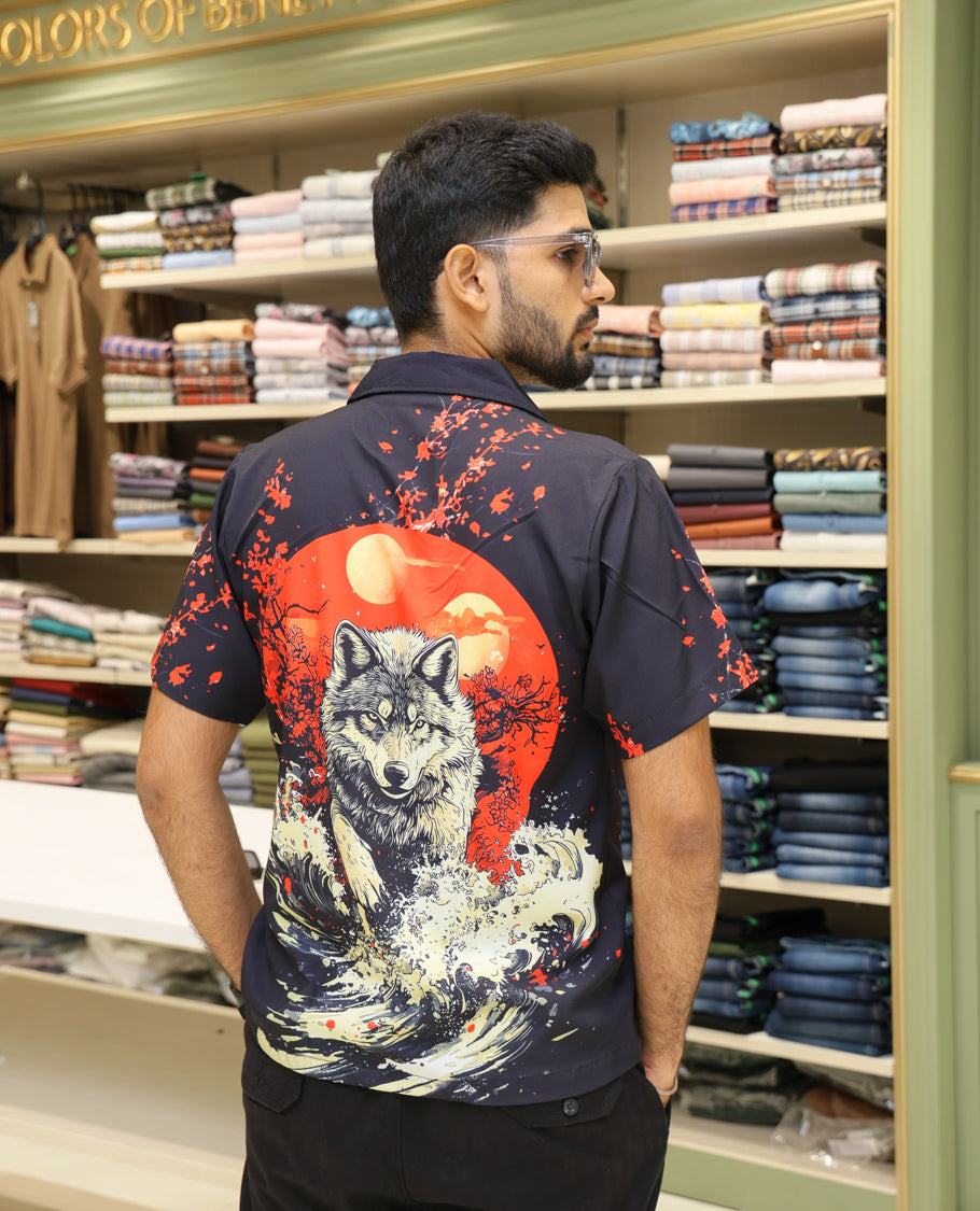 Multi-Color Poly-Blended Casual Shirt Comes with Japnese Human Figurine Print, Half-sleeve, Cuban Collar, Regular Fit and Regular Length