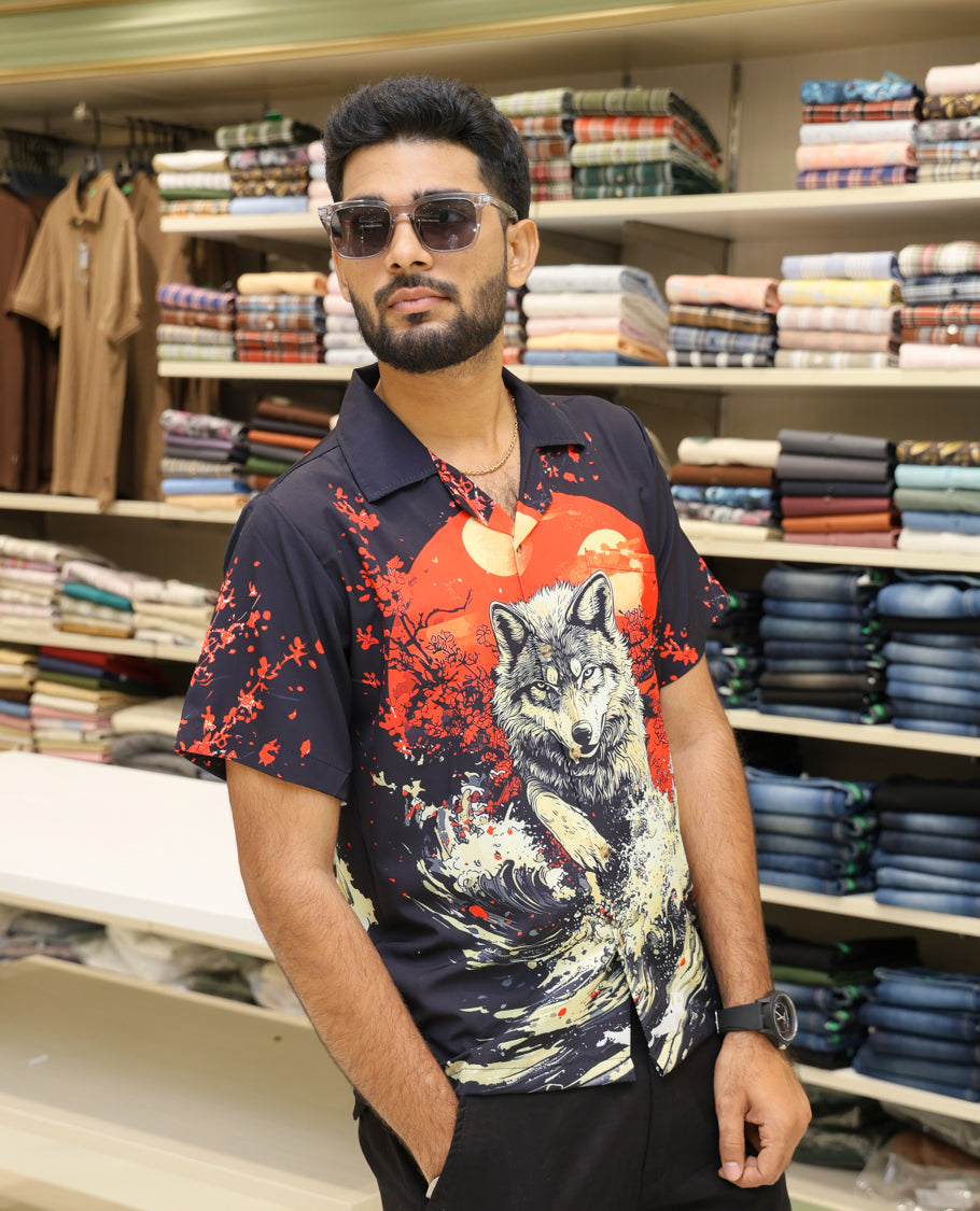 Multi-Color Poly-Blended Casual Shirt Comes with Japnese Human Figurine Print, Half-sleeve, Cuban Collar, Regular Fit and Regular Length