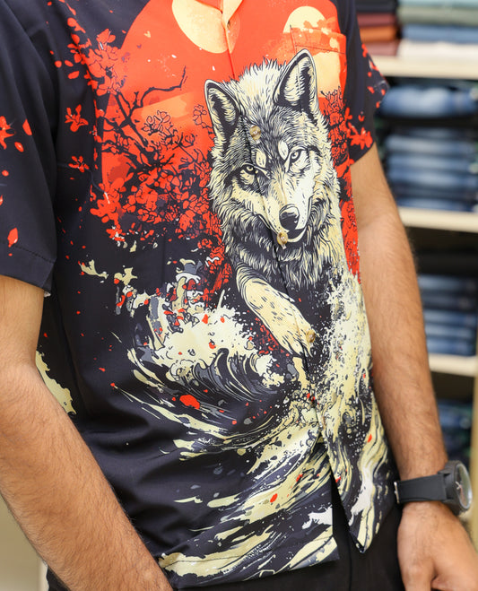 Multi-Color Poly-Blended Casual Shirt Comes with Japnese Human Figurine Print, Half-sleeve, Cuban Collar, Regular Fit and Regular Length