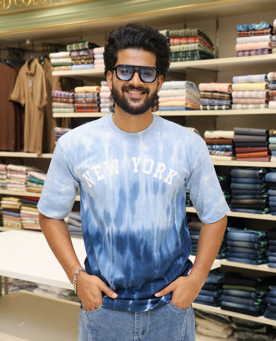 Sky Blue Cotton-Blended T-shirt Features Tie-Dye Ombre Print, Half Sleeves, Round Neck, Slim Fit and Regular Length