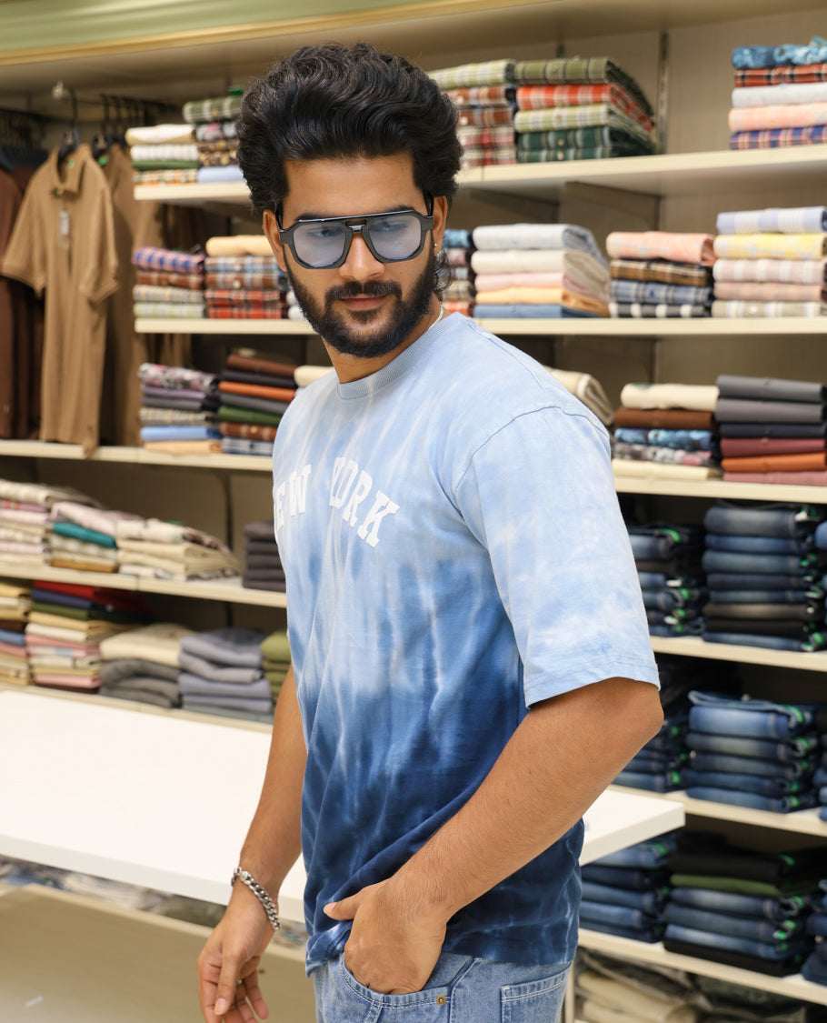 Sky Blue Cotton-Blended T-shirt Features Tie-Dye Ombre Print, Half Sleeves, Round Neck, Slim Fit and Regular Length