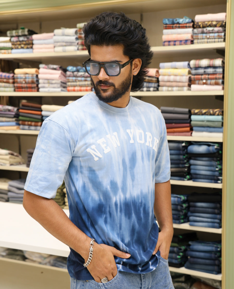 Sky Blue Cotton-Blended T-shirt Features Tie-Dye Ombre Print, Half Sleeves, Round Neck, Slim Fit and Regular Length