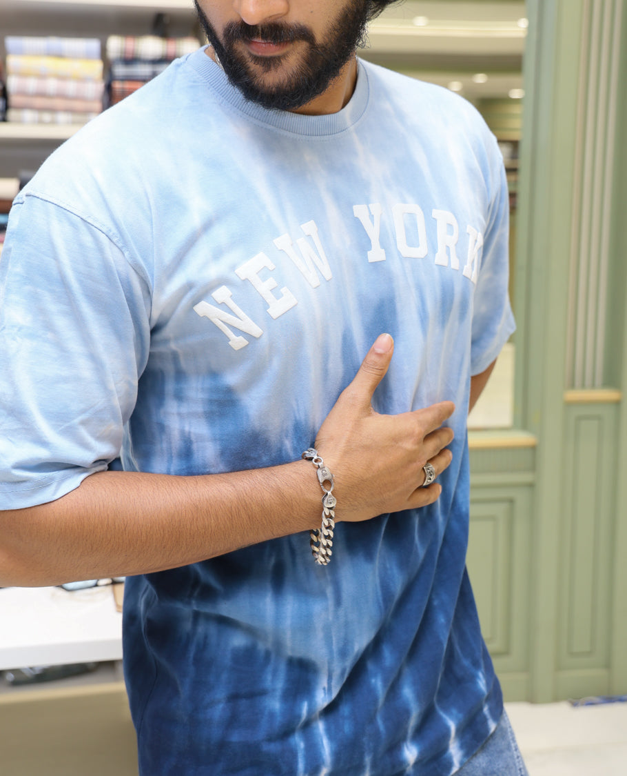 Sky Blue Cotton-Blended T-shirt Features Tie-Dye Ombre Print, Half Sleeves, Round Neck, Slim Fit and Regular Length