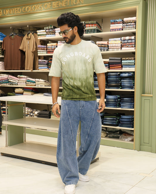 Light Green Cotton-Blended T-shirt Features Tie-Dye Ombre Print, Half Sleeves, Round Neck, Slim Fit and Regular Length 