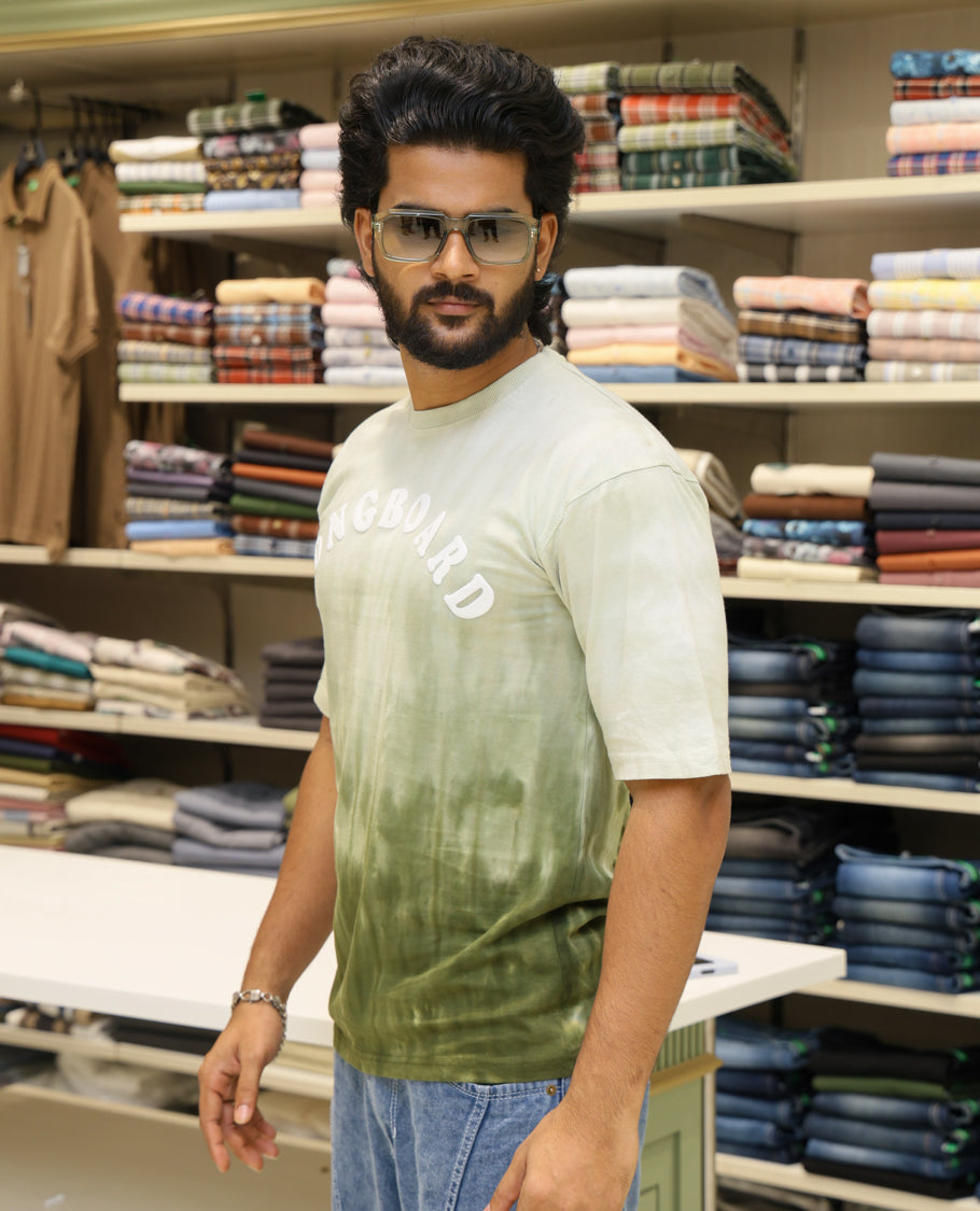 Light Green Cotton-Blended T-shirt Features Tie-Dye Ombre Print, Half Sleeves, Round Neck, Slim Fit and Regular Length