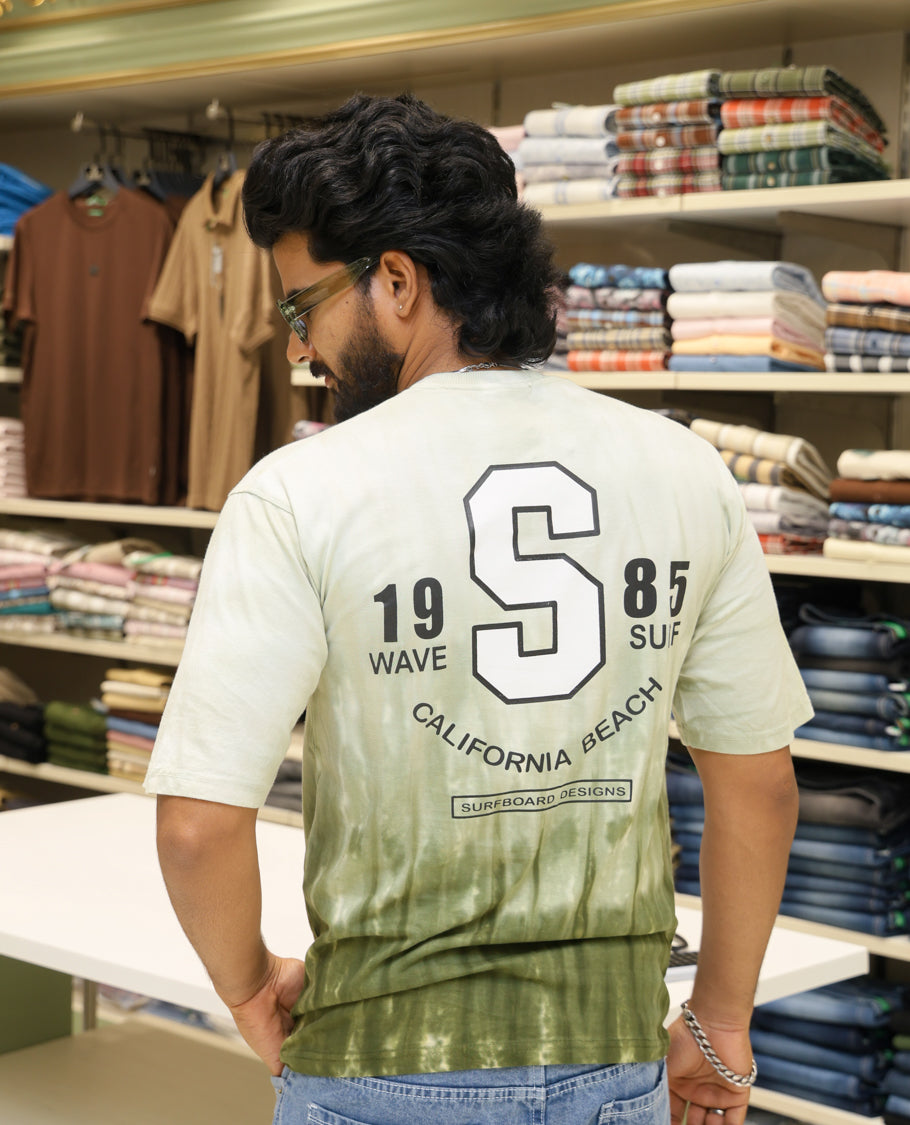 Light Green Cotton-Blended T-shirt Features Tie-Dye Ombre Print, Half Sleeves, Round Neck, Slim Fit and Regular Length