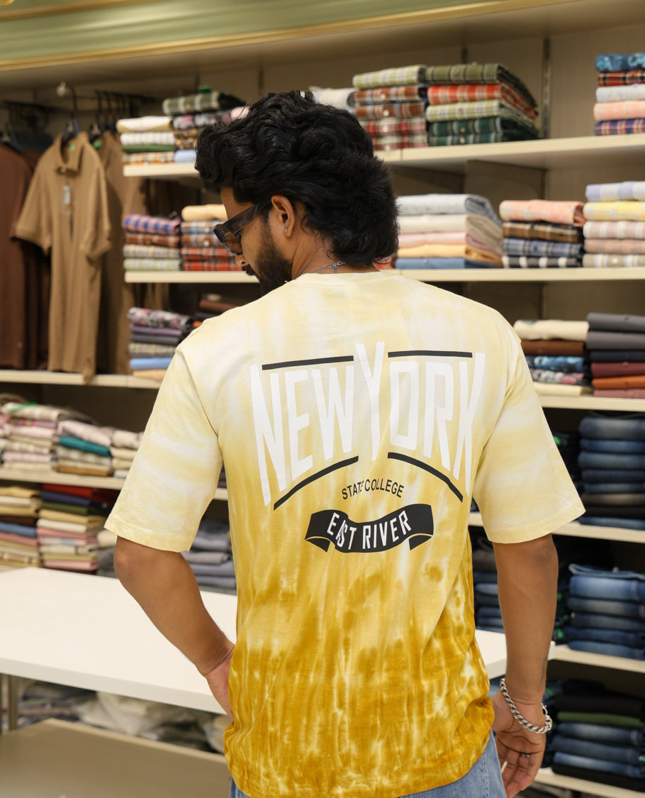 Yellow Cotton-Blended T-shirt Features Tie-Dye Ombre Print, Half Sleeves, Round Neck, Slim Fit and Regular Length