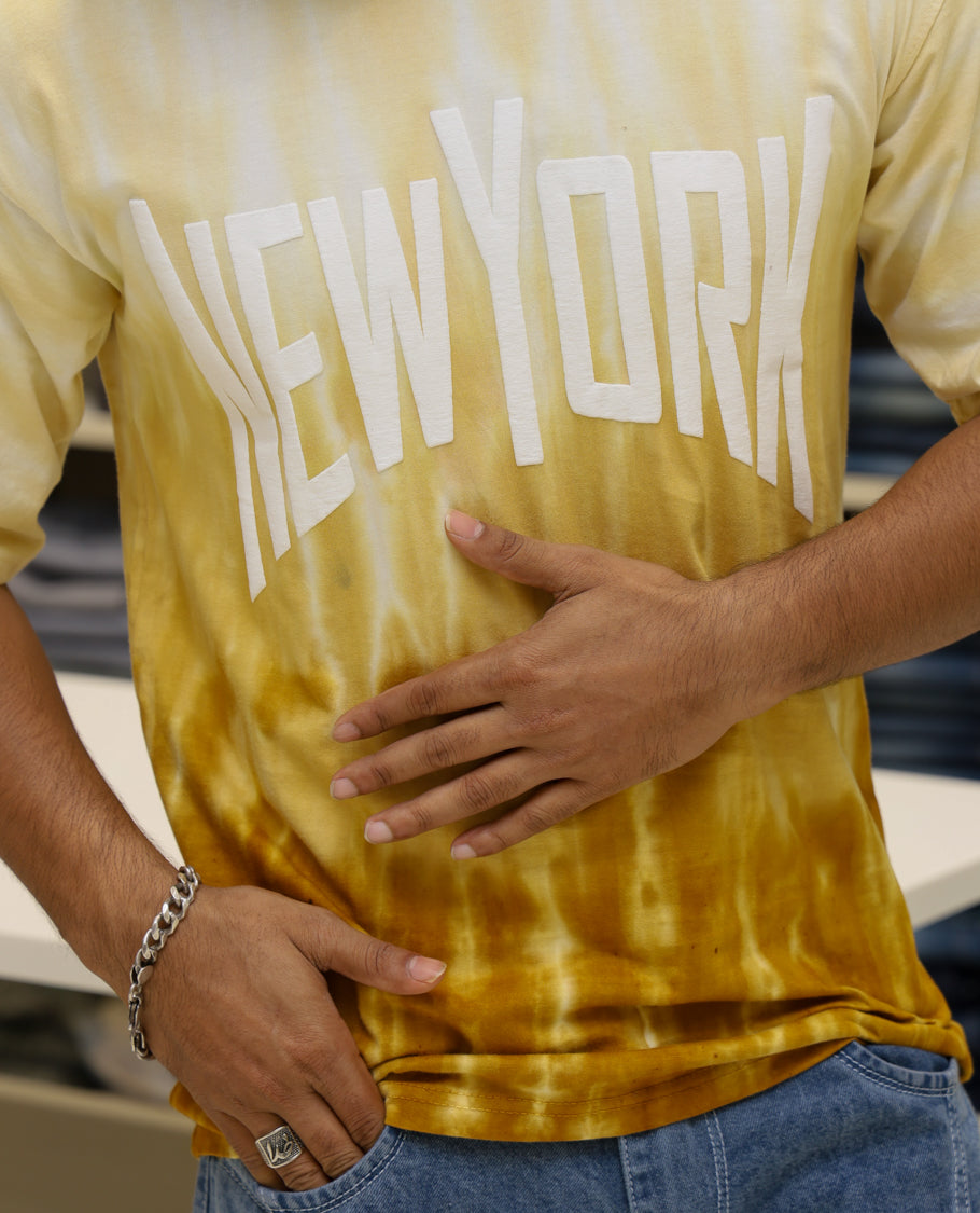 Yellow Cotton-Blended T-shirt Features Tie-Dye Ombre Print, Half Sleeves, Round Neck, Slim Fit and Regular Length