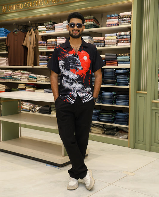 Multi-Color Poly-Blended Casual Shirt Features Japnese Human Figurine Print, Half-sleeve, Cuban Collar, Regular Fit and Regular Length