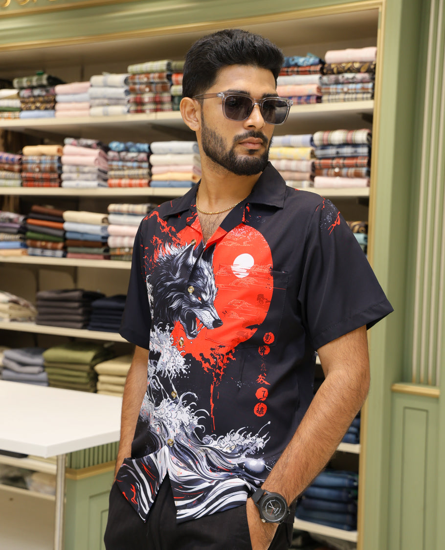 Multi-Color Poly-Blended Casual Shirt Features Japnese Human Figurine Print, Half-sleeve, Cuban Collar, Regular Fit and Regular Length