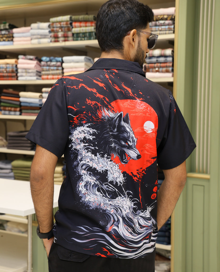 Multi-Color Poly-Blended Casual Shirt Features Japnese Human Figurine Print, Half-sleeve, Cuban Collar, Regular Fit and Regular Length