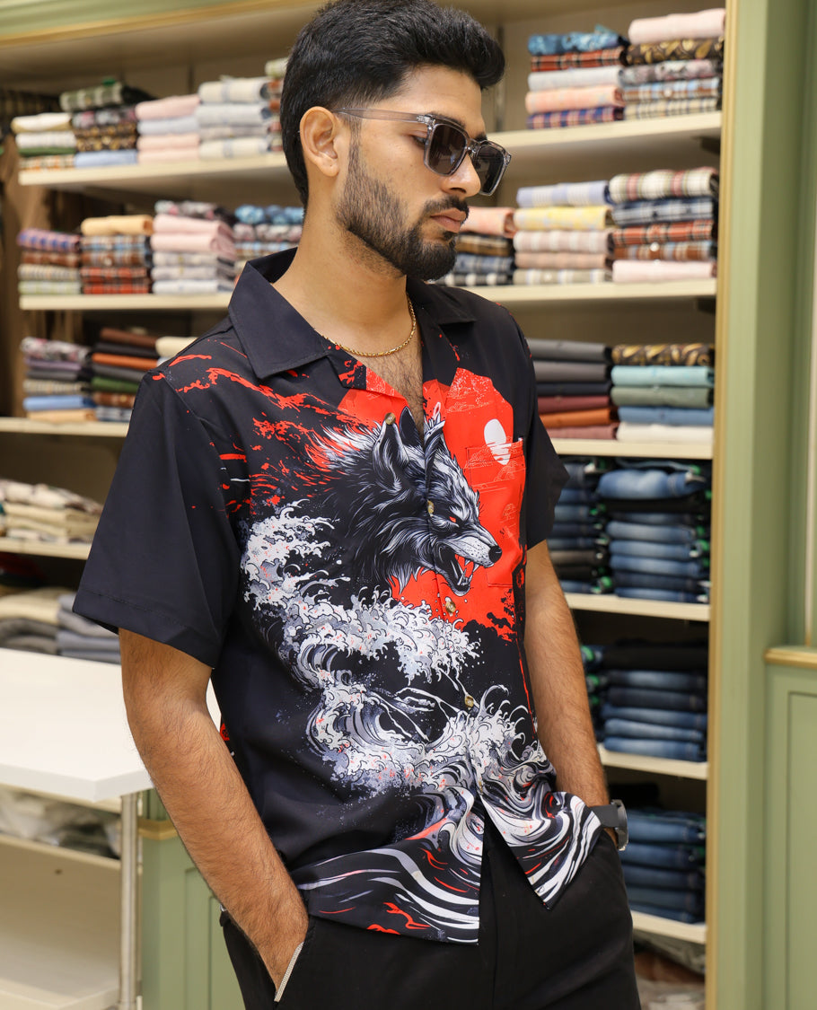 Multi-Color Poly-Blended Casual Shirt Features Japnese Human Figurine Print, Half-sleeve, Cuban Collar, Regular Fit and Regular Length