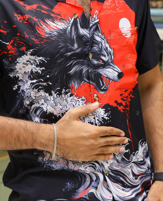 Multi-Color Poly-Blended Casual Shirt Features Japnese Human Figurine Print, Half-sleeve, Cuban Collar, Regular Fit and Regular Length