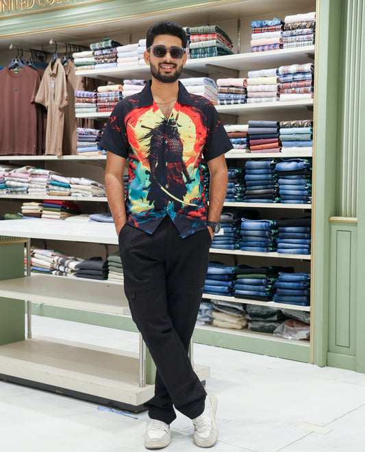 Multi-Color Poly-Blended Casual Shirt Comes with Vibrant Wolf Print, Half-sleeve, Cuban Collar, Regular Fit and Regular Length