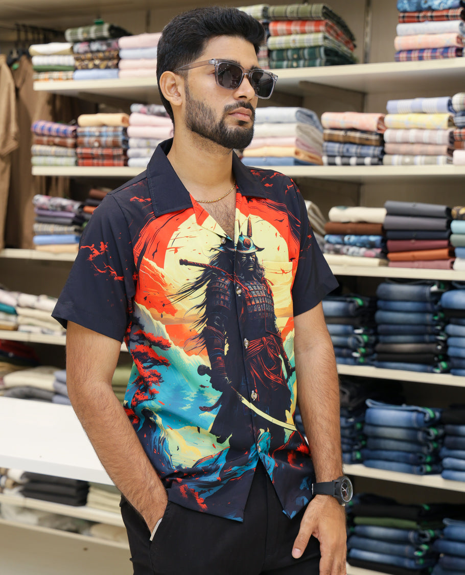 Multi-Color Poly-Blended Casual Shirt Comes with Vibrant Wolf Print, Half-sleeve, Cuban Collar, Regular Fit and Regular Length