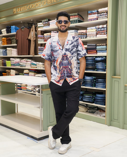 Multi-Color Poly-Blended Casual Shirt Features Wolf Print, Half-sleeve, Cuban Collar, Regular Fit and Regular Length