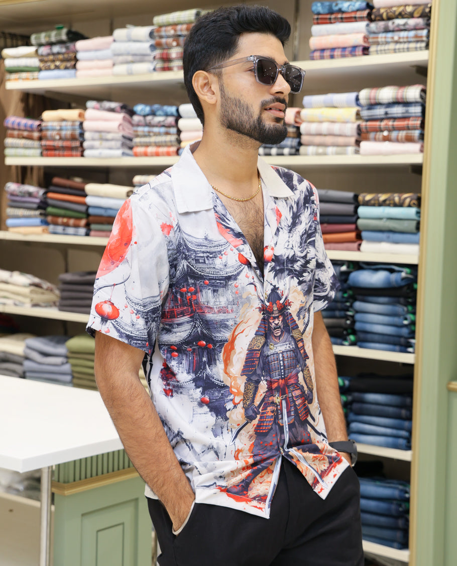 Multi-Color Poly-Blended Casual Shirt Features Wolf Print, Half-sleeve, Cuban Collar, Regular Fit and Regular Length