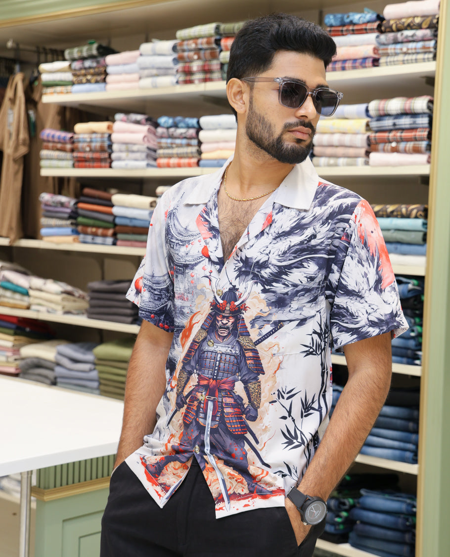 Multi-Color Poly-Blended Casual Shirt Features Wolf Print, Half-sleeve, Cuban Collar, Regular Fit and Regular Length