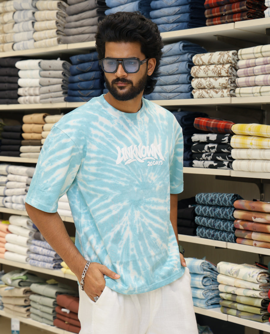Teal Cotton-Blended T-shirt Features Shibori Print, Typography Print on Chest, Half Sleeves, Round Neck, Slim Fit and Regular Length