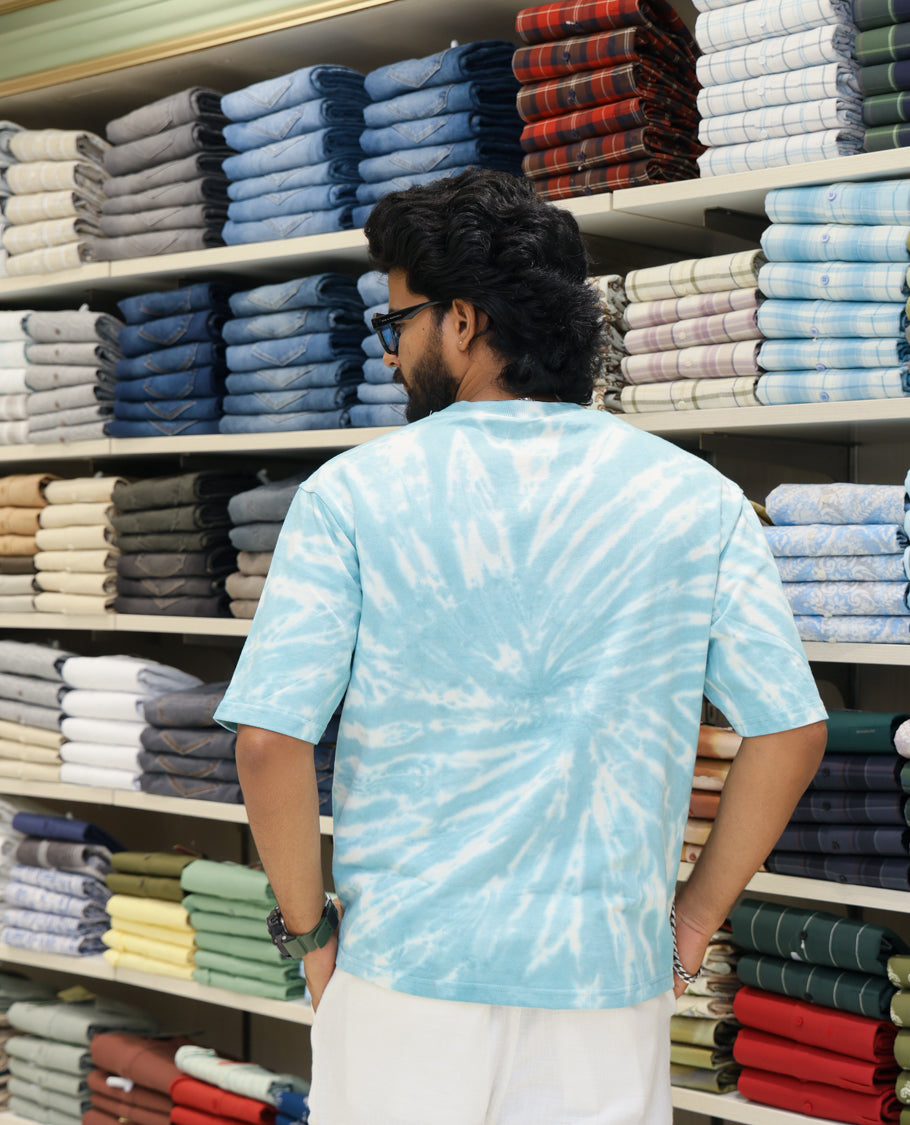 Teal Cotton-Blended T-shirt Features Shibori Print, Typography Print on Chest, Half Sleeves, Round Neck, Slim Fit and Regular Length