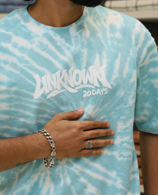 Teal Cotton-Blended T-shirt Features Shibori Print, Typography Print on Chest, Half Sleeves, Round Neck, Slim Fit and Regular Length 