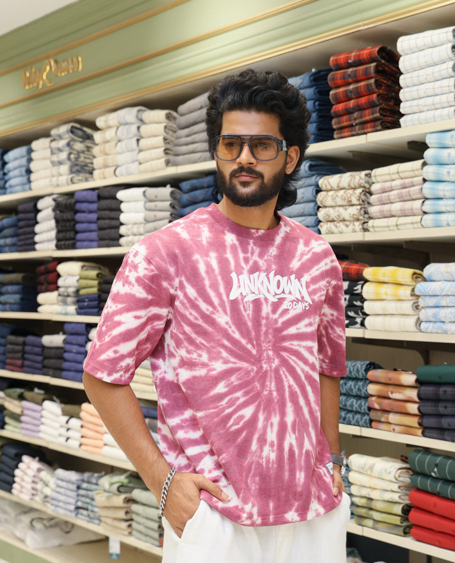 Magenta Cotton-Blended T-shirt Features Shibori Print, Typography Print on Chest, Half Sleeves, Round Neck, Slim Fit and Regular Length