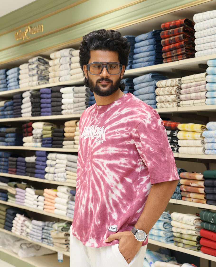 Magenta Cotton-Blended T-shirt Features Shibori Print, Typography Print on Chest, Half Sleeves, Round Neck, Slim Fit and Regular Length