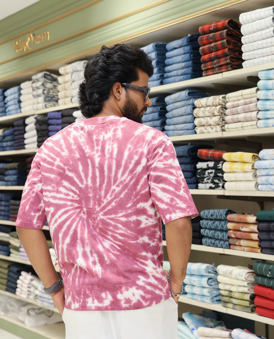 Magenta Cotton-Blended T-shirt Features Shibori Print, Typography Print on Chest, Half Sleeves, Round Neck, Slim Fit and Regular Length