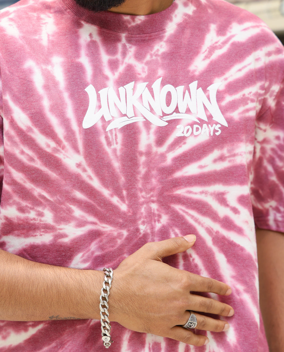 Magenta Cotton-Blended T-shirt Features Shibori Print, Typography Print on Chest, Half Sleeves, Round Neck, Slim Fit and Regular Length