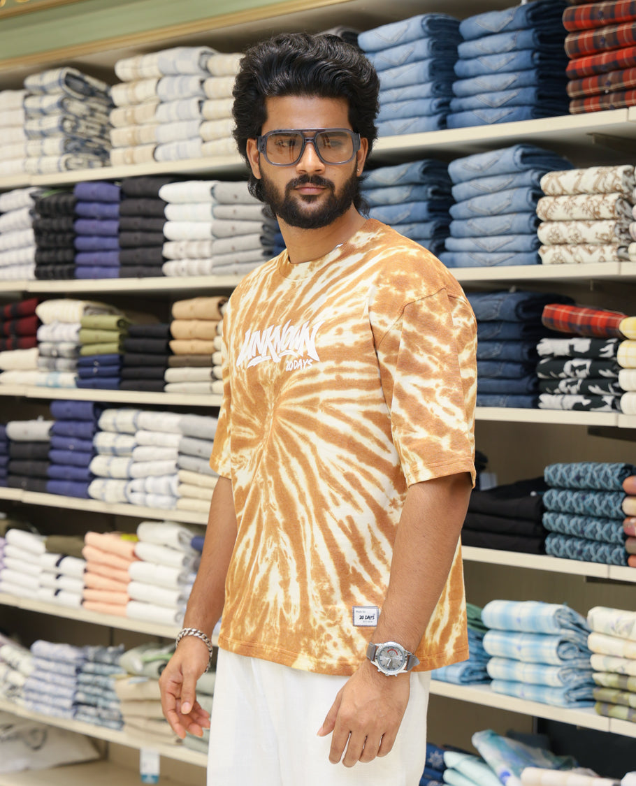 Brown Cotton-Blended T-shirt Features Shibori Print, Typography Print on Chest, Half Sleeves, Round Neck, Slim Fit and Regular Length