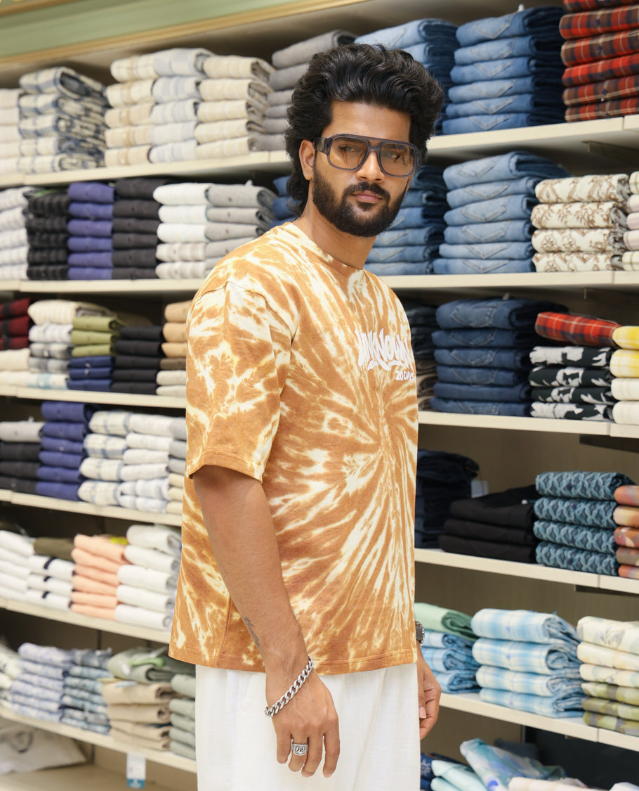 Brown Cotton-Blended T-shirt Features Shibori Print, Typography Print on Chest, Half Sleeves, Round Neck, Slim Fit and Regular Length