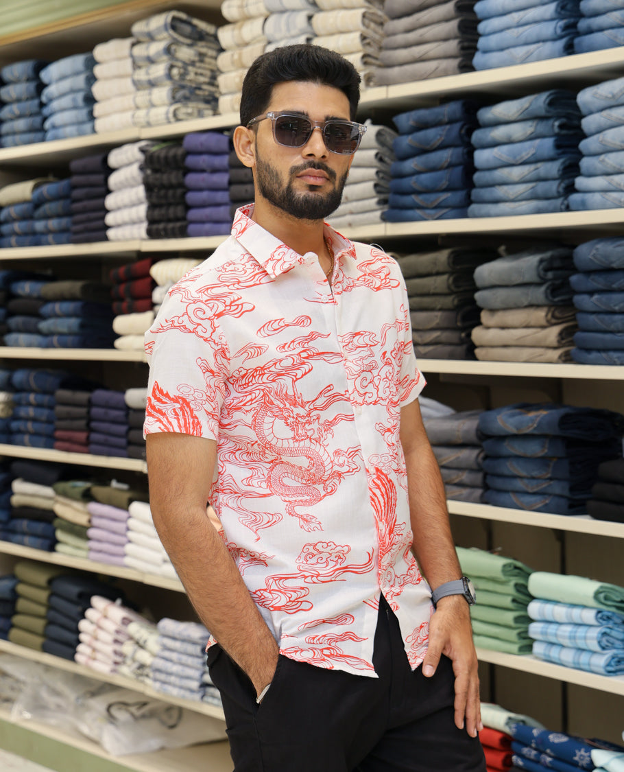 White Cotton-Blended Casual Shirt Features Abstract Print, Half-Sleeves, a Spread Collar, Regular Fit and Regular Length 