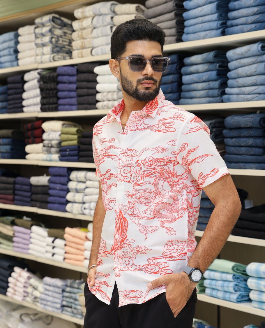 White Cotton-Blended Casual Shirt Features Abstract Print, Half-Sleeves, a Spread Collar, Regular Fit and Regular Length 