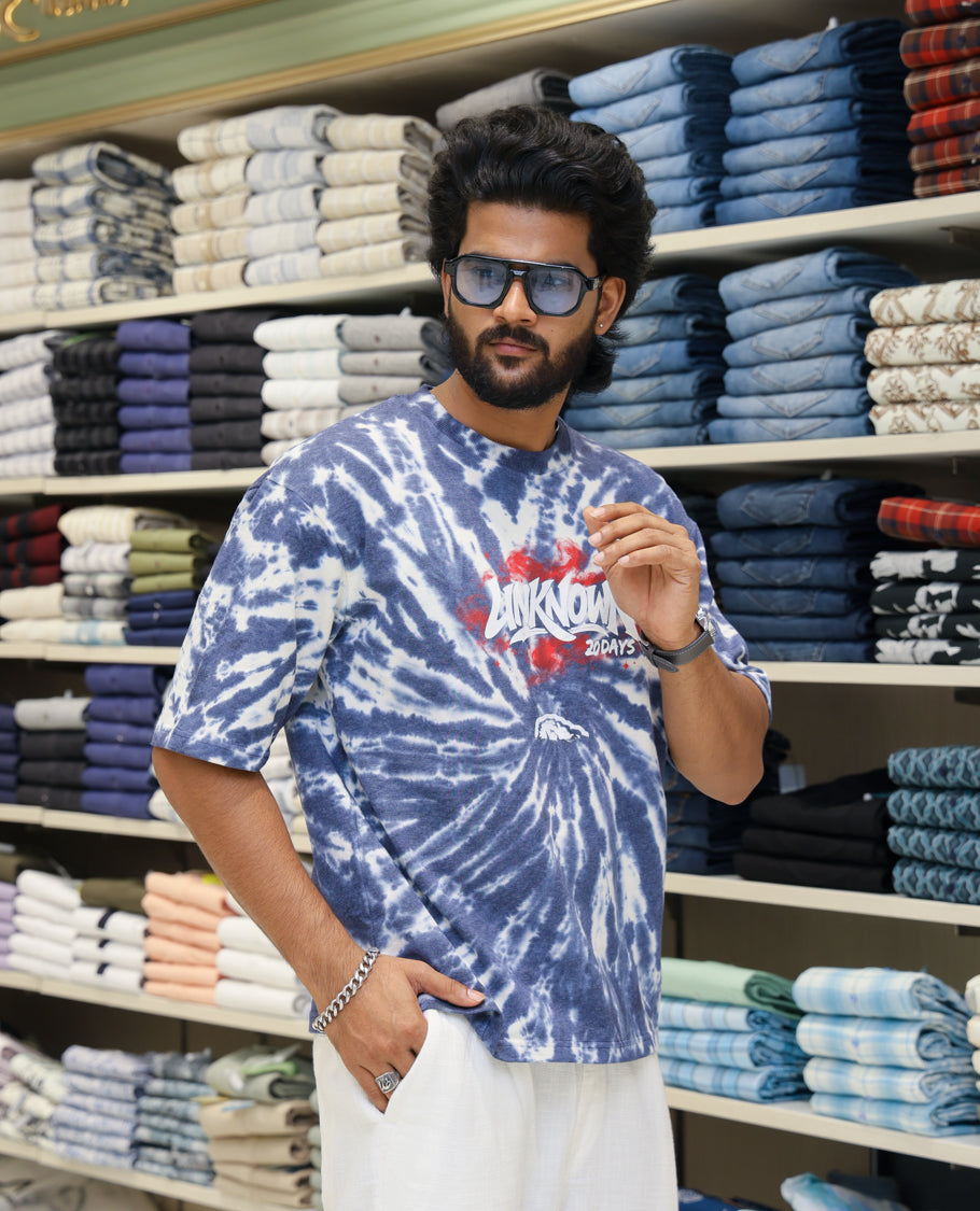 Dark Blue Cotton-Blended T-shirt Features Shibori Print, Typography Print on Chest, Half Sleeves, Round Neck, Slim Fit and Regular Length