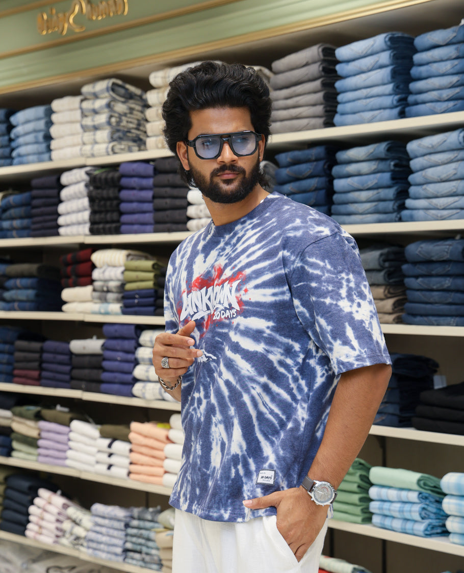 Dark Blue Cotton-Blended T-shirt Features Shibori Print, Typography Print on Chest, Half Sleeves, Round Neck, Slim Fit and Regular Length