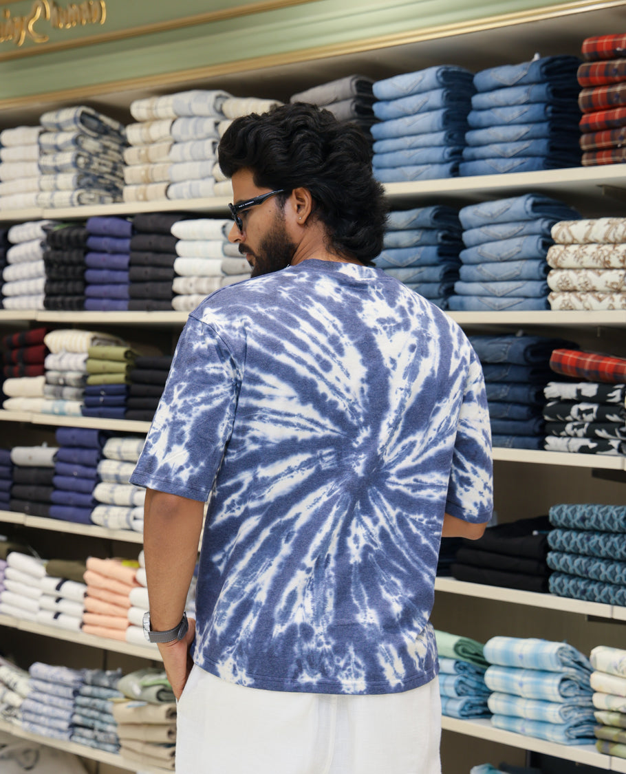 Dark Blue Cotton-Blended T-shirt Features Shibori Print, Typography Print on Chest, Half Sleeves, Round Neck, Slim Fit and Regular Length