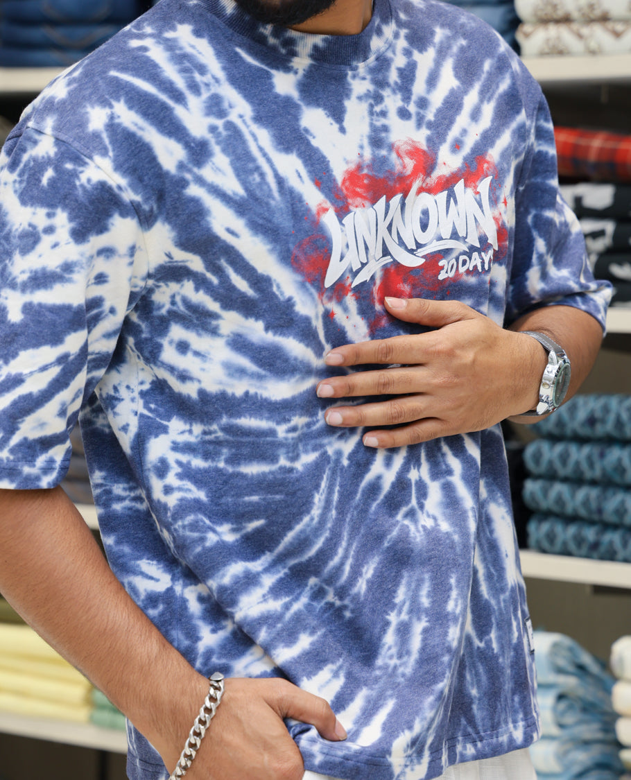 Dark Blue Cotton-Blended T-shirt Features Shibori Print, Typography Print on Chest, Half Sleeves, Round Neck, Slim Fit and Regular Length