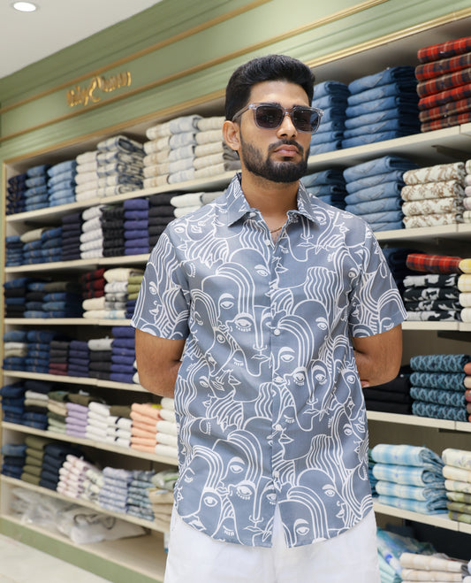Grey Cotton-Blended Casual Shirt Features Human Faces Print, Half-Sleeves, a Spread Collar, Regular Fit and Regular Length 
