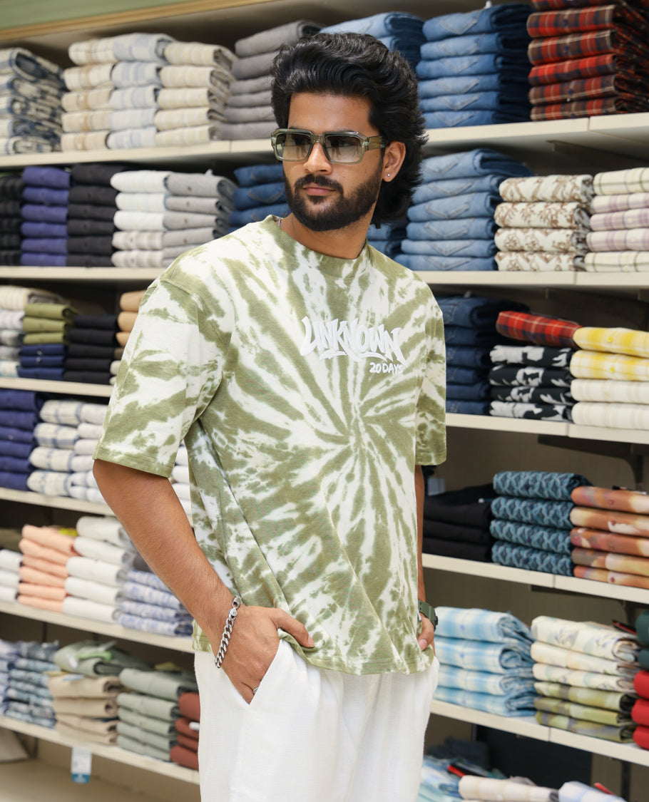 Green Cotton-Blended T-shirt Features Shibori Print, Typography Print on Chest, Half Sleeves, Round Neck, Slim Fit and Regular Length