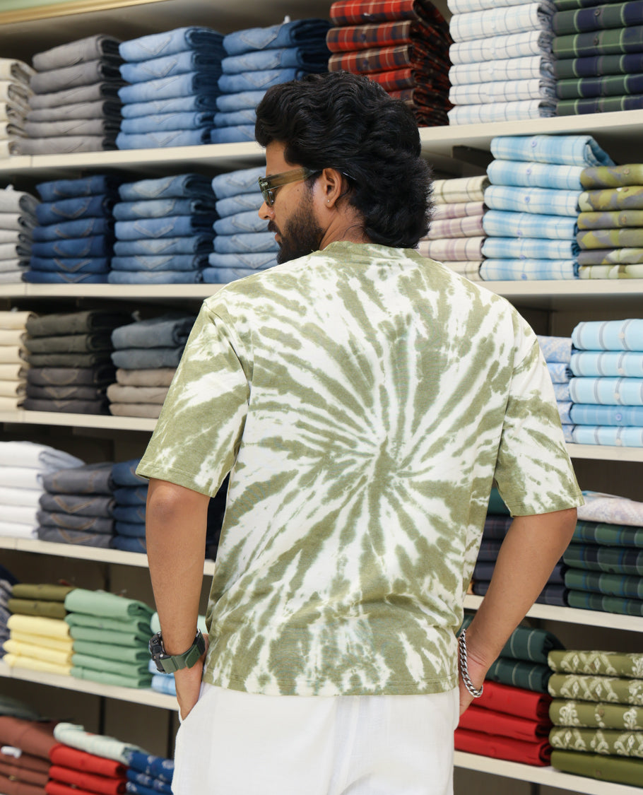 Green Cotton-Blended T-shirt Features Shibori Print, Typography Print on Chest, Half Sleeves, Round Neck, Slim Fit and Regular Length