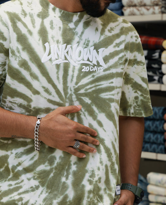 Green Cotton-Blended T-shirt Features Shibori Print, Typography Print on Chest, Half Sleeves, Round Neck, Slim Fit and Regular Length 