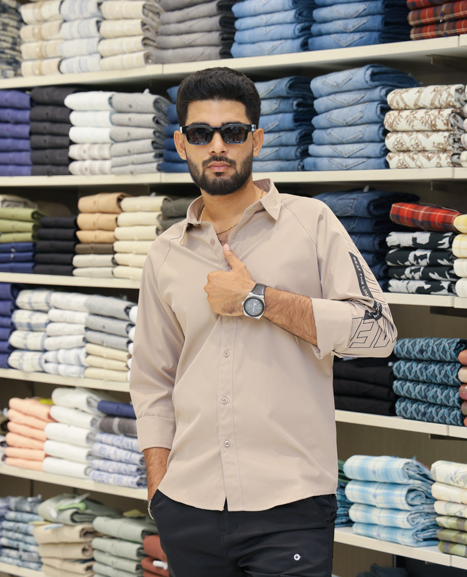Beige Cotton-Blended Casual Shirt Features Back Print, Full Sleeves, Spread Collar, Regular Fit and Regular Length