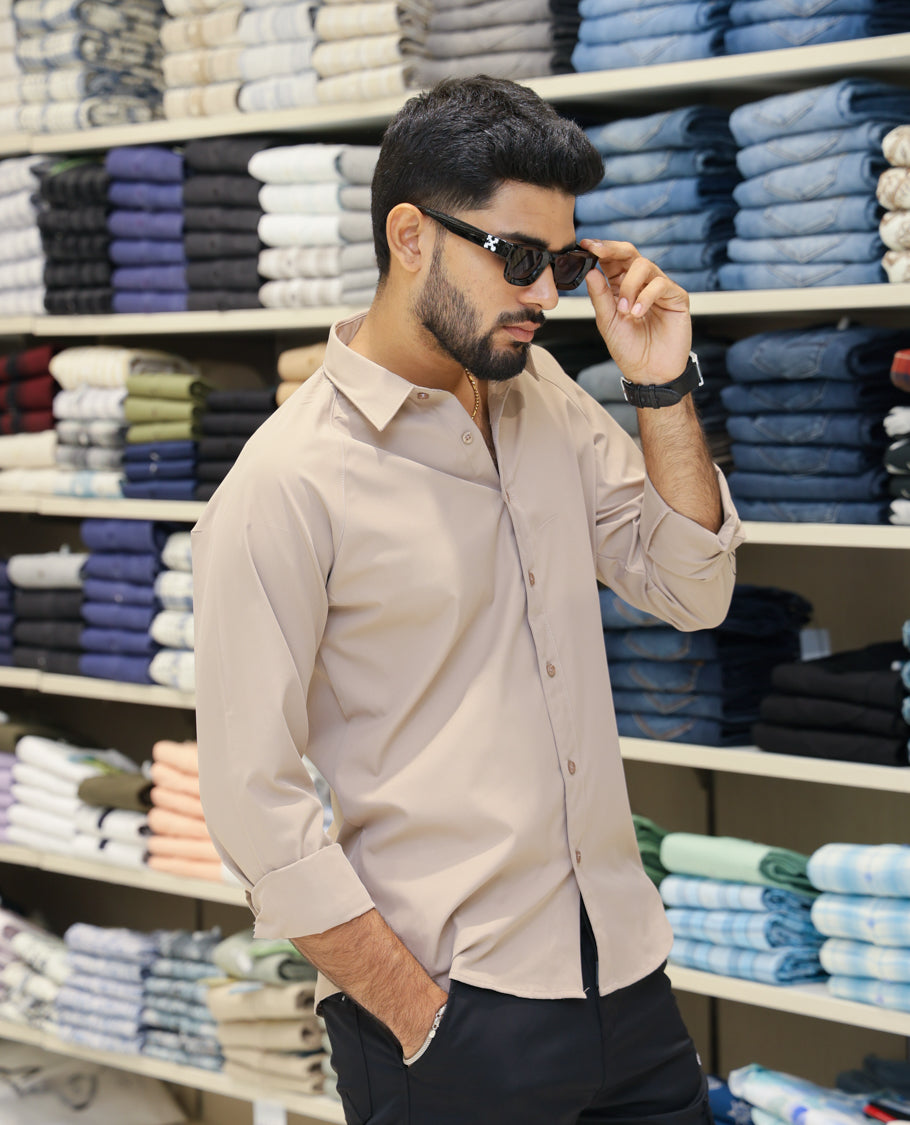 Beige Cotton-Blended Casual Shirt Features Back Print, Full Sleeves, Spread Collar, Regular Fit and Regular Length